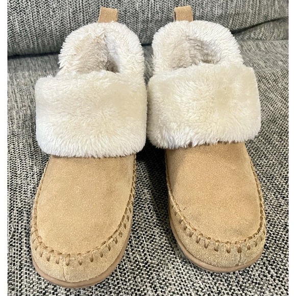Minnetonka Other - Minnetonka‎ Mens Suede Sherpa Fur Lined Moccasin Slipper 40582 Size 8 Tan/Cream